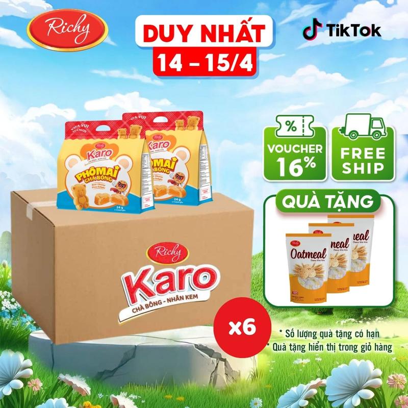 [14.4 - 15.4 Tặng 3 yến mạch] Thùng 24 gói nhỏ (6 túi lớn)  bánh Karo Gấu chà bông nhân phô mai banh gau