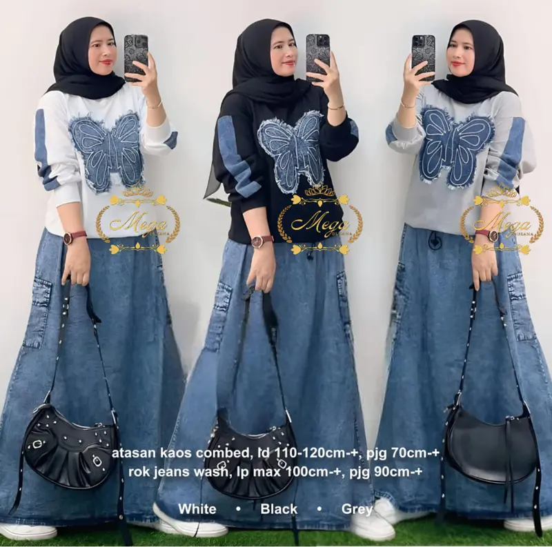 Setelan Wanita Motif Kupu Rok Jeans Wash Saku Kana Kiri Atasan Kaos Combed Premium Terlaris 3