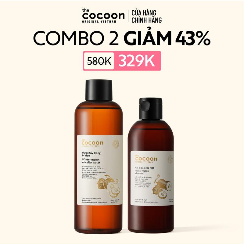  COMBO 1 Bigsize - Nước tẩy trang bí đao Cocoon tẩy sạch makeup & giảm dầu 500ml + 1 Bigsize Gel bí đao rửa mặt Cocoon 310ml 