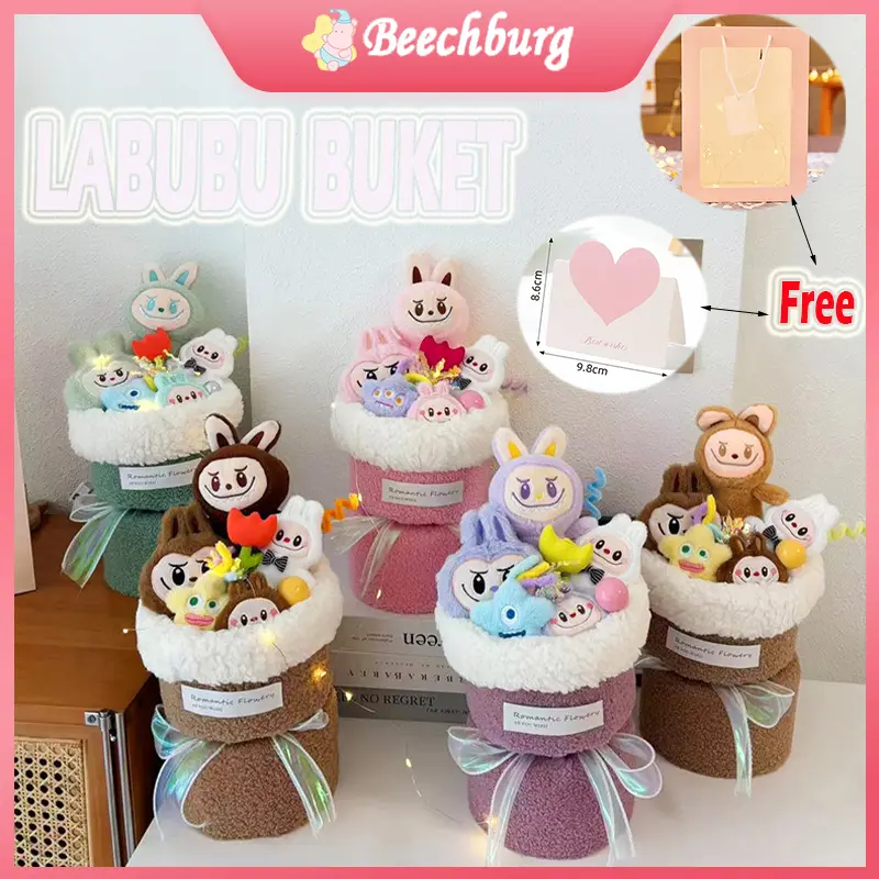 Boneka Buket 35CM  Pop Mart Labubu  hari guru hijau/ungu/kopi/merah muda  boneka  labubu bantal labubu Buket Hari Valentine Gift Dolls free paperbag led