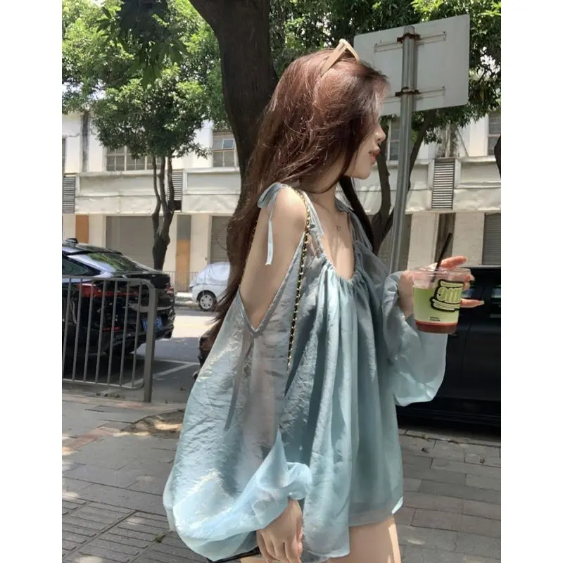 Áo Chống Nắng Có Dây Đeo Tay Phồng Thanh Lịch, Vai Lạnh, Dành Cho Nữ, Áo Mỏng Bó Sát Dáng Rộng Xếp Ly Nhẹ Nhàng Mùa Hè 2024