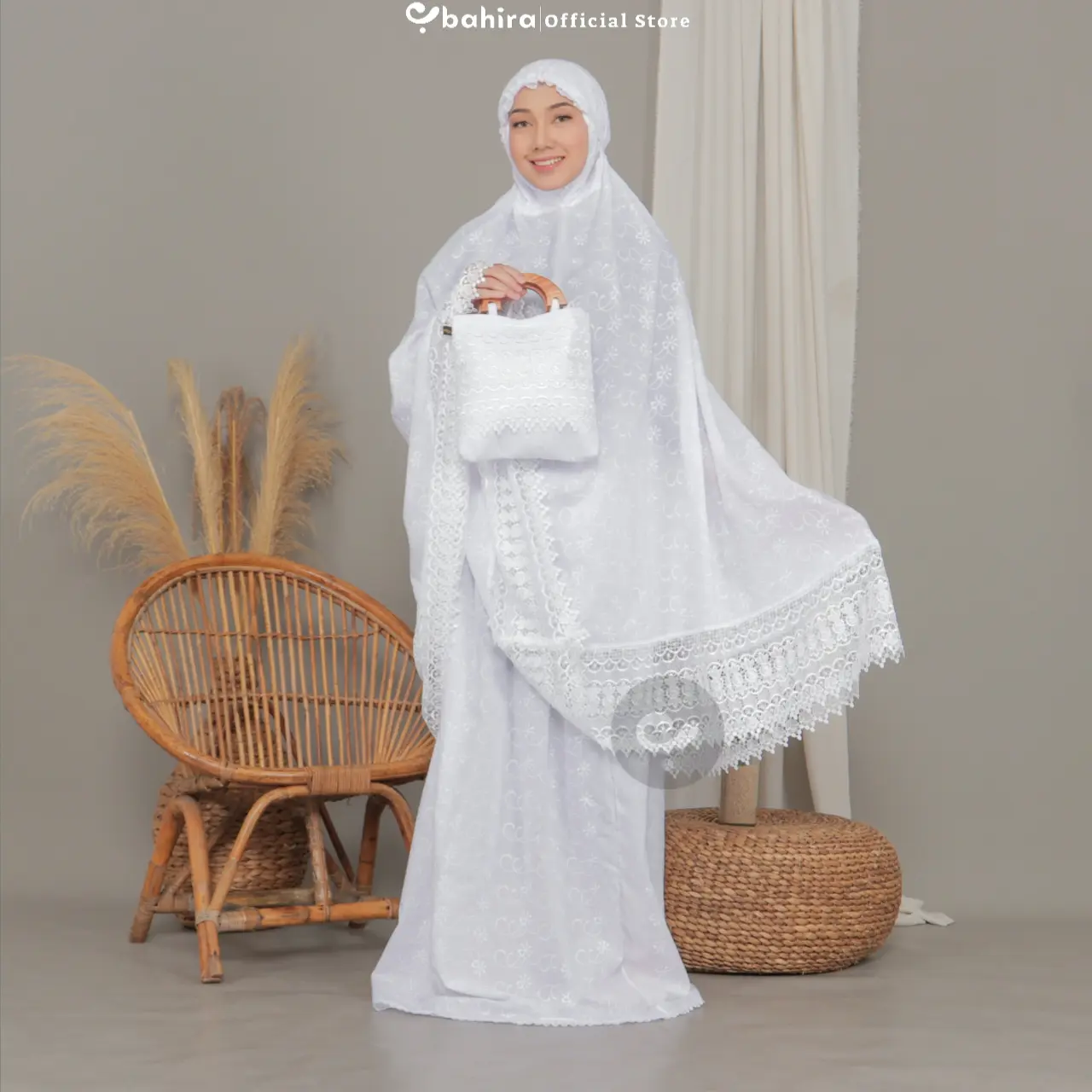 BAHIRA - Mukena Dewasa Katun Paris Bordir Putih Jumbo Renda Mewah