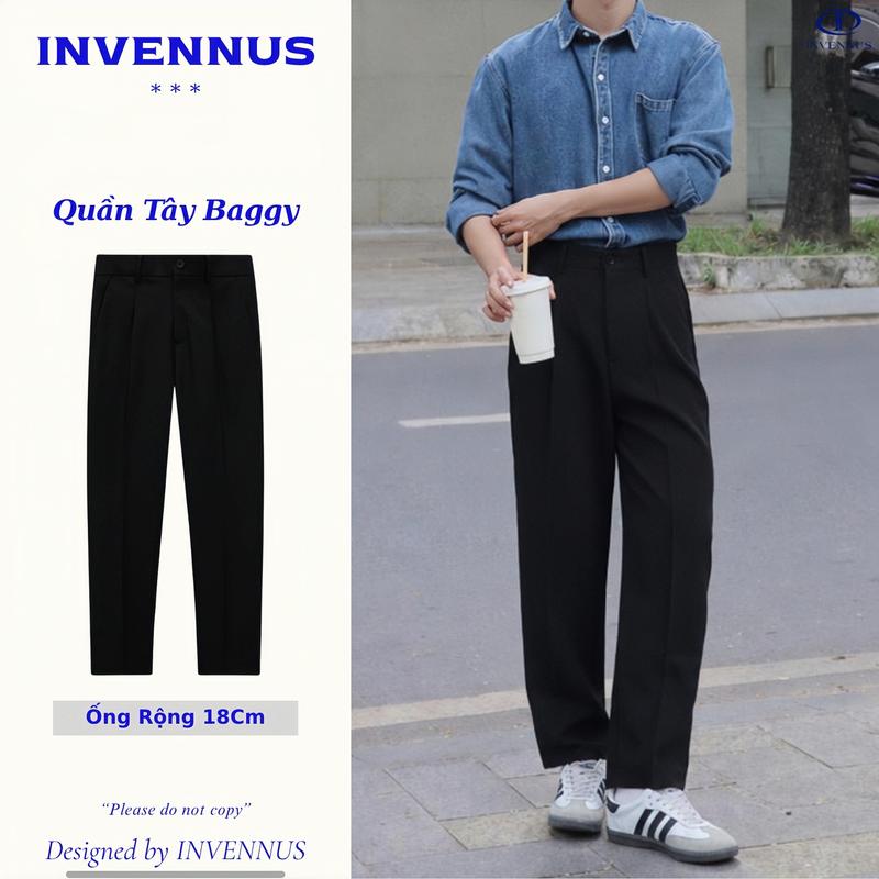 Quần tây ống rộng INVENNUS, quần âu ống suông phong cách hàn Menswear Nam Đen Nhung - 305