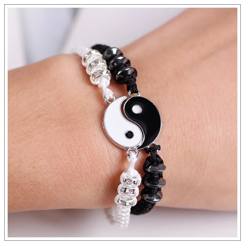 【zhamus】Alloy Tai Chi Braided Bracelet Hand-set gelang couple cauple telon Anniversary Engagement Birthday Gift Dapat dipakai oleh pria dan wanita Gelang Keberuntungan delapan trigram dan diagram tai chi Hitam Magnet  Putih  Bracelets 8