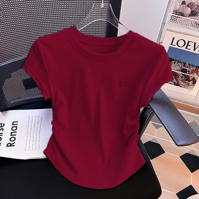 Kaus pendek leher bulat bordir cinta putih atasan seksi fashion wanita gaya Korea Baju Jersey 3