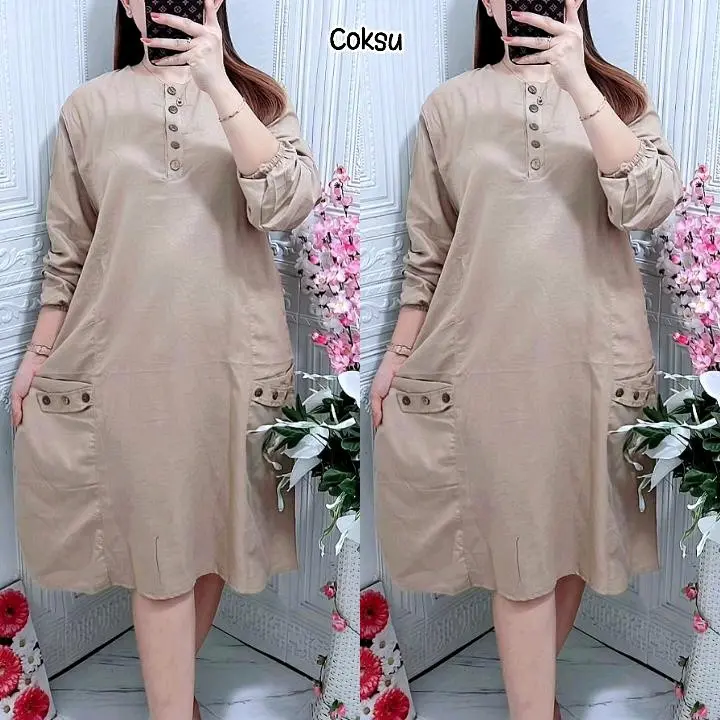 9562 TUNIK POLOS KANCING SAKU/TUNIK WANITA LINEN/TUNIK LD 110/BAJU LEBARAN