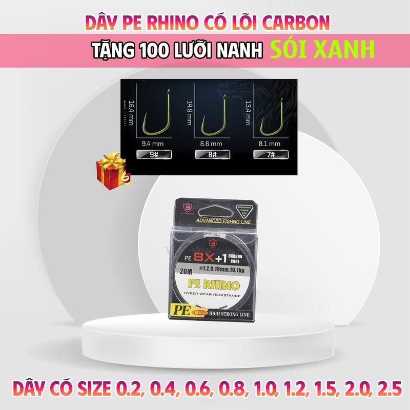 Combo Dây PE + LƯỠI Dây PE Rhino Lõi Carbon Chống Xoắn + 100 Lưỡi Nanh Sói XANH 7 8 9