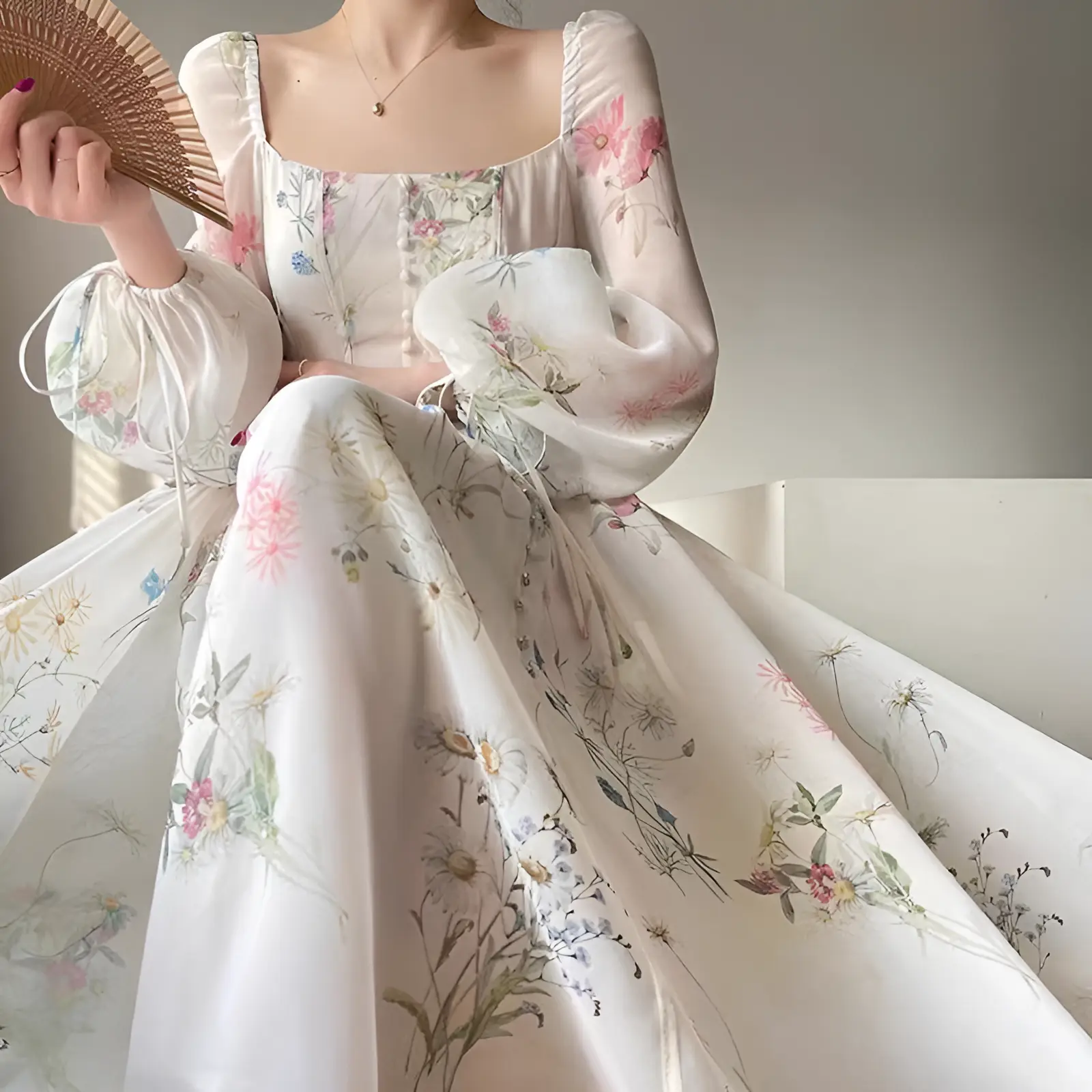[FANMU] Gaun Putih Fairy Dress Korea Panjang Lengan Retro Elegan Vintage Dress Wanita Casual Sifon Pesta Mewah Midi Remaja Dewasa - Ready Stock - Mini Baju Kondangan