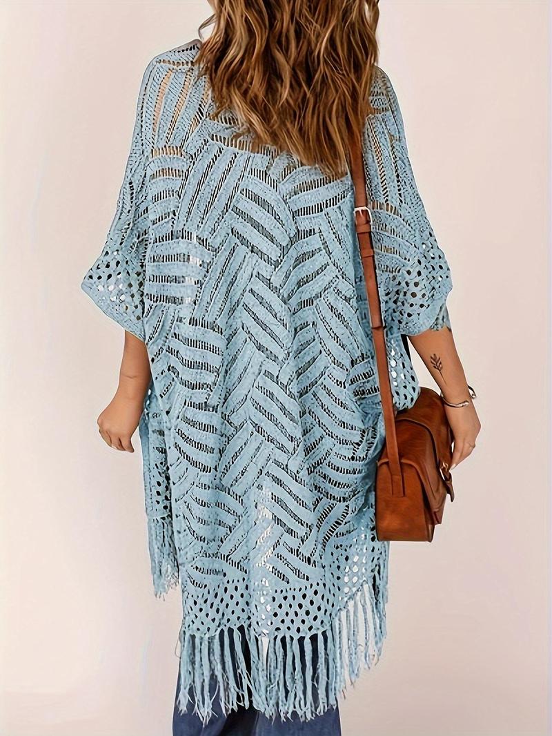 Product Introduction of 【Plus Size】 Women's Solid Fringe Trim Open Front Cardigan, Casual Half Sleeve Knitwear for Daily Wear, Ladies Clothes for All Seasons, Tops 8