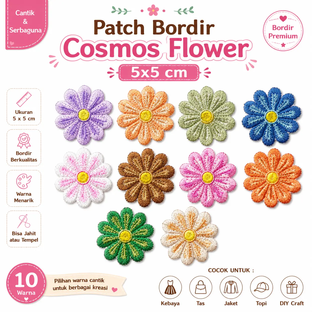 Patch Bordir Cosmos Flower 5x5 cm | Patch Bunga Bordir Tempel Jahit DIY Kebaya Tas Jaket Topi