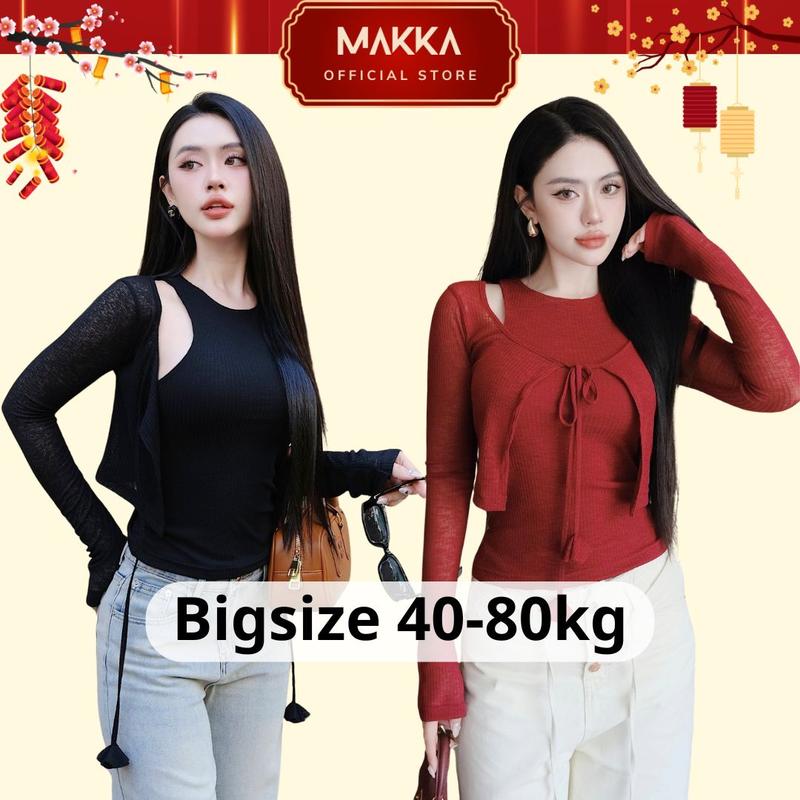 Set áo nữ BIGSIZE MAKKA áo thun cổ tròn ôm body khoét vai phối áo cardigan mỏng dài tay có dây buộc nơ 3005 