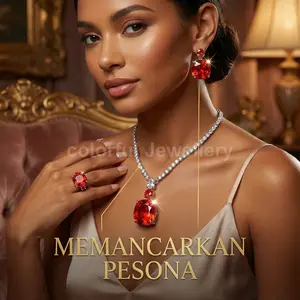 COLOS18 Kalung safir berlian penuh mode kelas atas gaun makan malam wanita anting Fanta cincin zamrud set batu permata berwarna