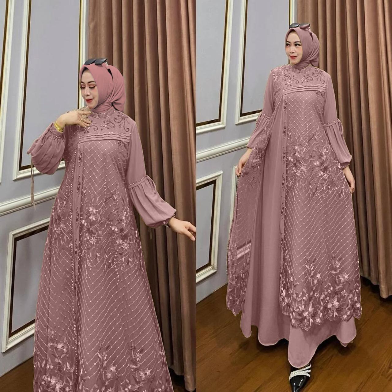 Gamis Ciara Maxi Bahan Ceruty Babydoll Premium Full Furing Motif Brukat Hiasan Mutiara Swaroski Termewah Terbaru 2026 Lebaran Gamis Brokat Kondangan Elegan Wanita Dewasa Dress Pesta Panjang Remaja Viral Muslim Ceruti