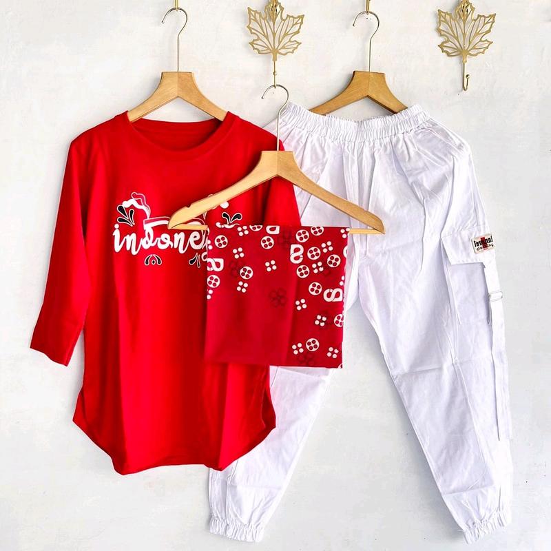 Setelan Jogger Cigaret JVN Kaos Combed Merah Putih + Hijab Voal Segi Empat Voal  Katun Nyaman 0