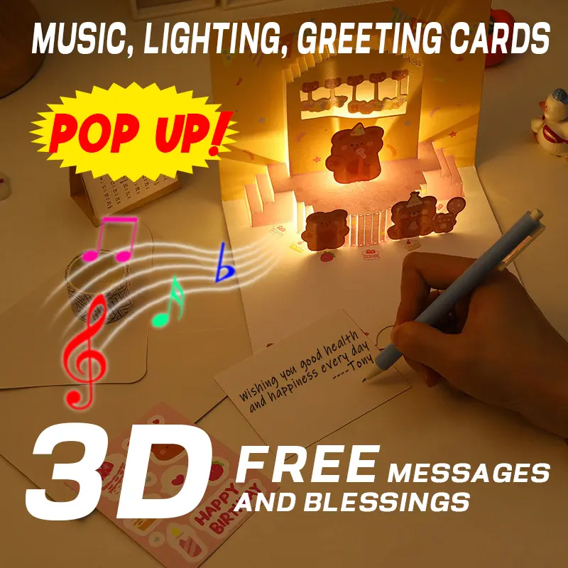 3D Greeting Card Birthday Instagram Open Pop up Music Light Cute Little Bear Birthday Cake Cartoon Creative Birthday Gift