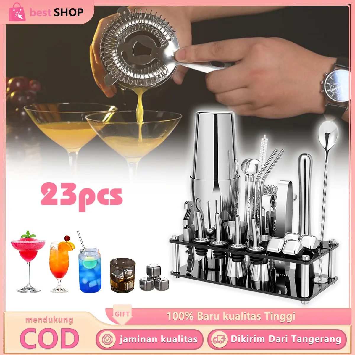 23 In 1 Boston Shaker 750cc Perlengkapan Bartender Stainless 304 Cocktail Shaker Barista Bar Tools
