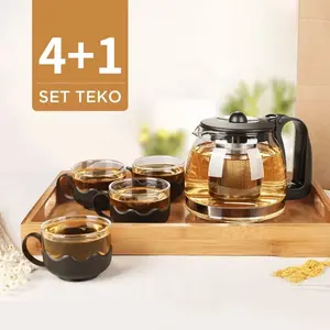 Teko Kaca Saringan Tea Pot Set 5IN1 Coffee Set Pitcher + Gelas