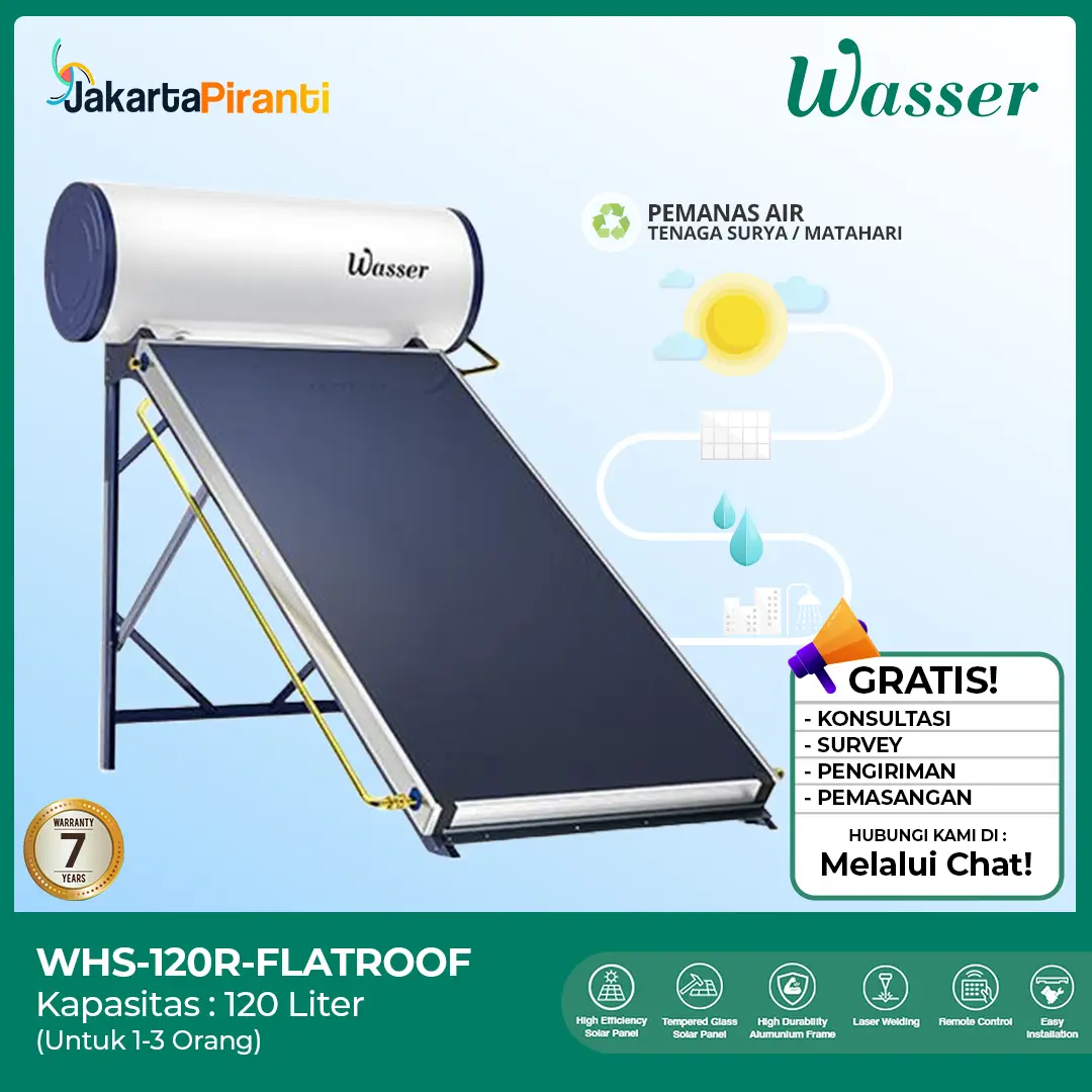 Solar Water Heater Pemanas Air Tenaga Surya Matahari Wasser WHS-120R Flat Roof 120 Liter Original Bergaransi Resmi