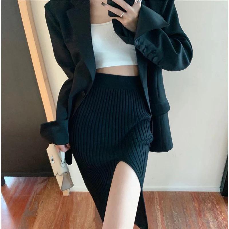 Rok span 7/8 rajut belah samping wanita/ korean skirt span 7/8 perempuan / rok span rajut polos 7