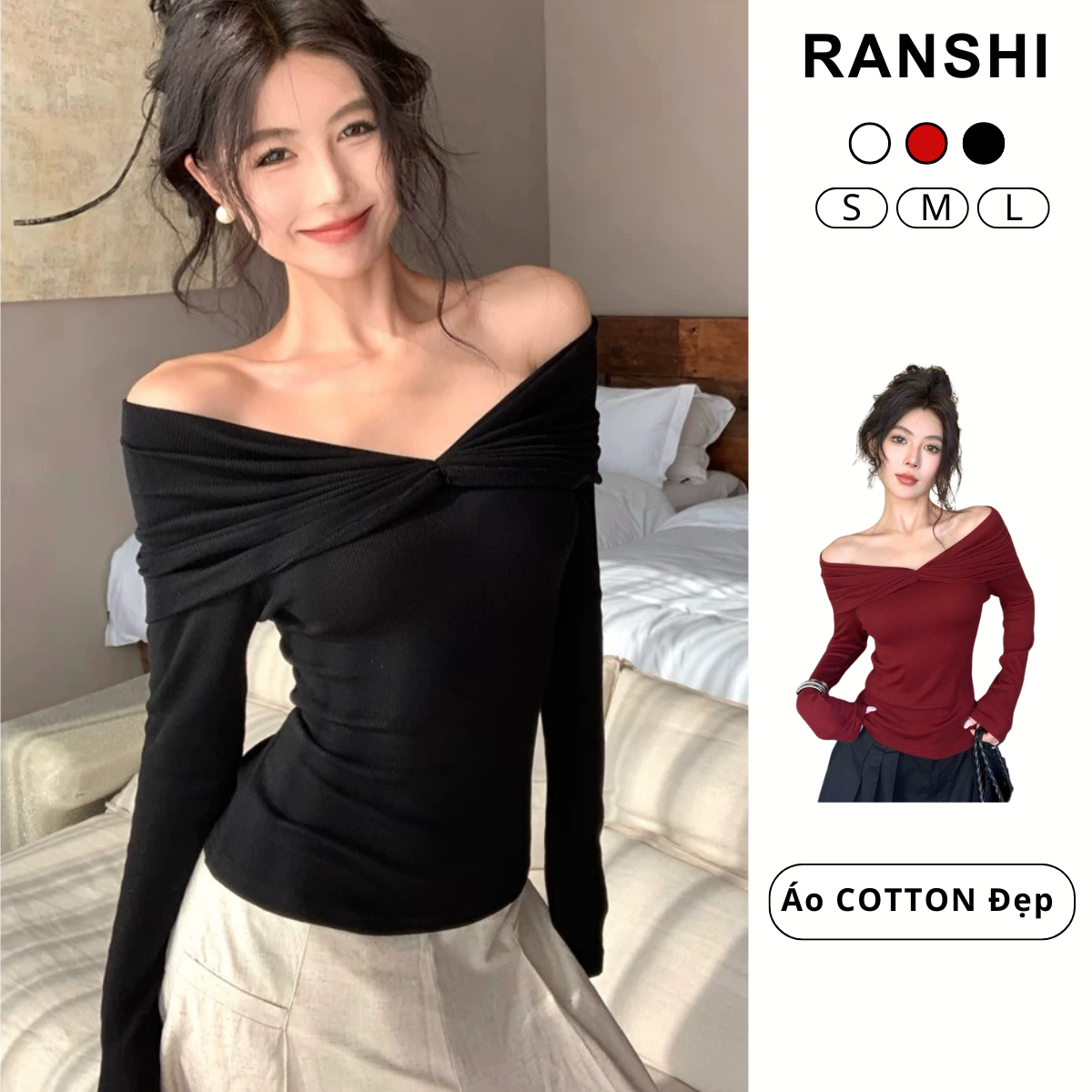 (DEAL MỞ BÁN) Áo Thun Trễ Vai Dài Tay Nữ Ôm Body RANSHI Gợi Cảm Quyến Rũ Chất Thun Cotton Mịn RA343 Women