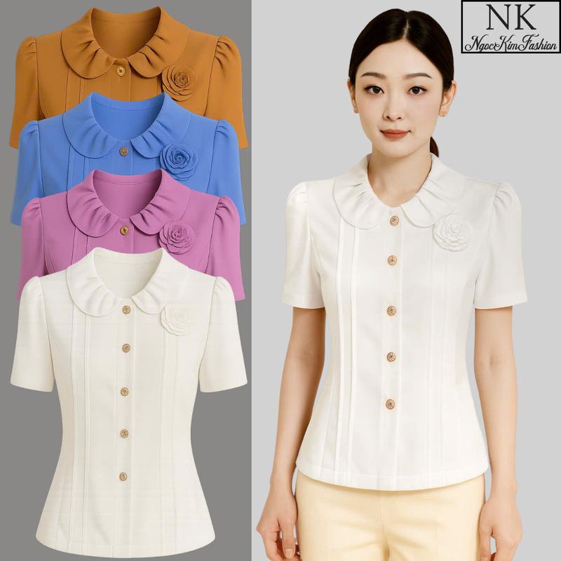  Áo sơ mi công sở kí giả cổ sen hoa nổi – cotton lạnh sang xịn chuẩn quý cô 