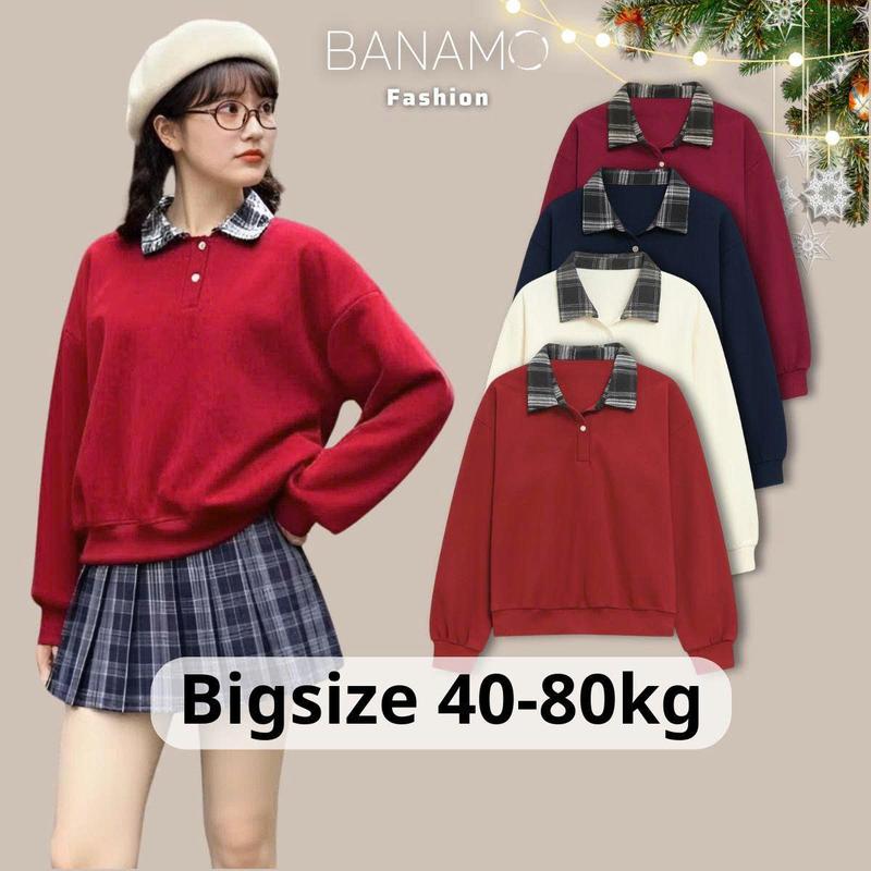  Áo Sweater nữ BIGSIZE Banamo áo nỉ trơn phối cổ bẻ sơ mi caro cài nút basic Hàn Quốc dễ thương 3900 