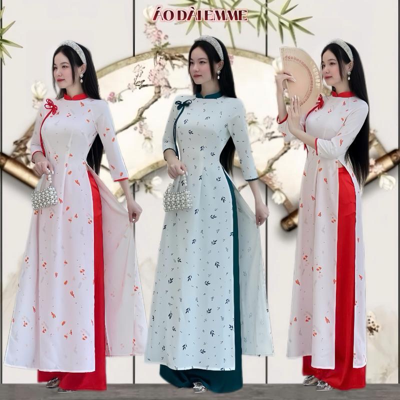 Kèm quần Áo dài nữ thiết kế EMME V2061 lụa mango in hình họa tiết hoa lá cổ trụ tay lửng form ôm dáng truyền thống cách điệu - Thanh Tự