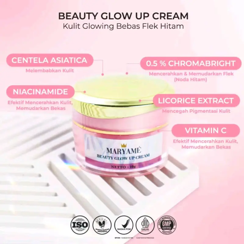 Krim Siang Maryam Bauty Glow Up untuk Mencerahkan Wajah - Pelembab, Vitamin, Perawatan, Pencerah, Hitam - Mengencangkan, Kusam, Bopeng, Muka 1
