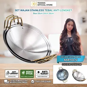 [EKSKLUSIF BABYOLIV DAPAT 3 WAJAN] Wajan Stainless Steel Tebal Anti Karat Anti Lengket Gagang Emas Ukuran 22cm, 24cm, 28cm Kitchenware