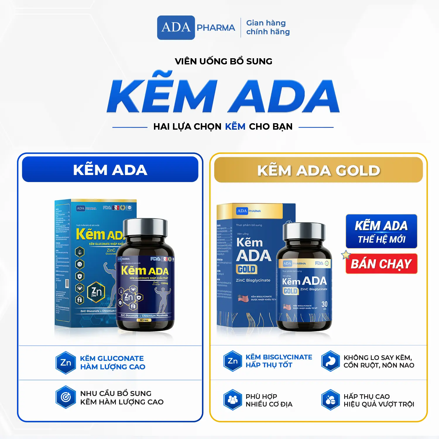 Kẽm ADA chính hãng - ADA Gluconate & ADA Bisglycinate - Hỗ trợ tăng cường sức khỏe.