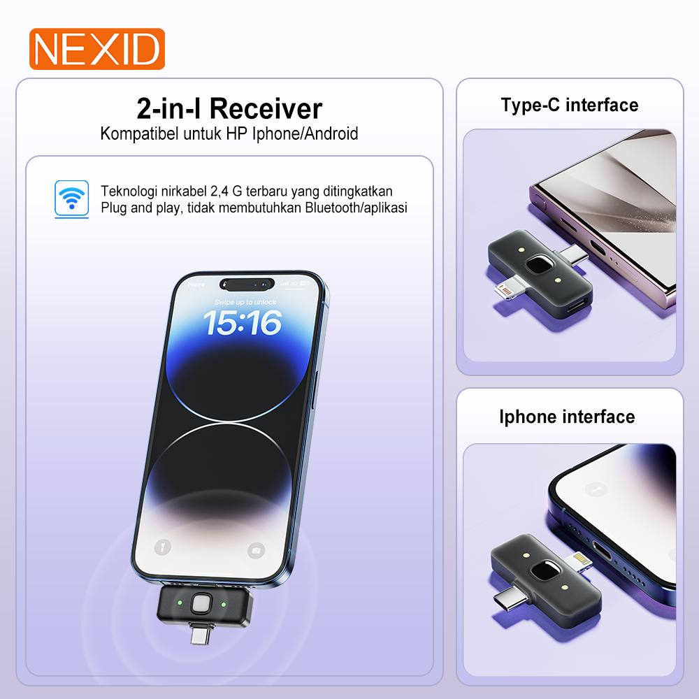 NEXID Wireless Microphone 2-In-1 Clip On Profesional Mic Magnetic Mikrofon Play dengan Charging Case Dual Lavalier Magnetic Plug Play Live Stream HP Plug Play Peredam Kebisingan 2 Mic untuk Recording Video Untuk Live TikTok YouTube