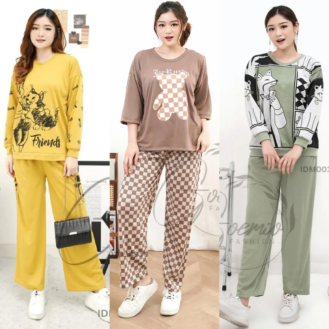 Bless LD 120 One Set Kotak Setelan Katun knit Combi Atasan Motif Dan Celana Panjang Wanita Motif Lengan Panjang