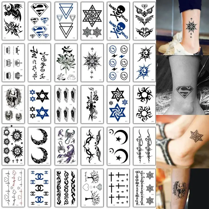 30 Pcs Stiker Tato Temporer Grosir Termurah Tatto Bintang Bulan Tengkorak Salib Superman