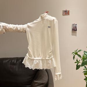 Half High Neck Lace Hem Bow Tie Fleece Lined Long Sleeve T-Shirt, Fall Winter Layering Top, Slim Fit Design, Women's Casual Shirt 5493# Womenswear Basic Minimalist