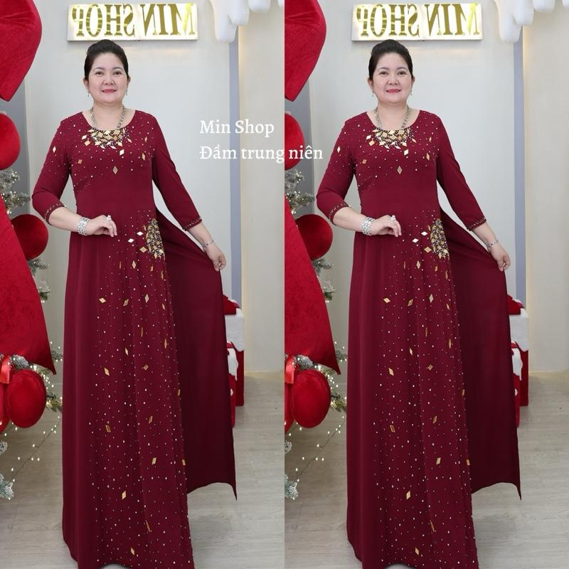  MIN SHOP - Áo dài truyền thống vải lụa tằm ý trung niên thiết kế đơn giản làm sui dự tiệc trọng đại và thanh lịch Nữ Dress Women Voi Voan Màu đỏ sang trọng 