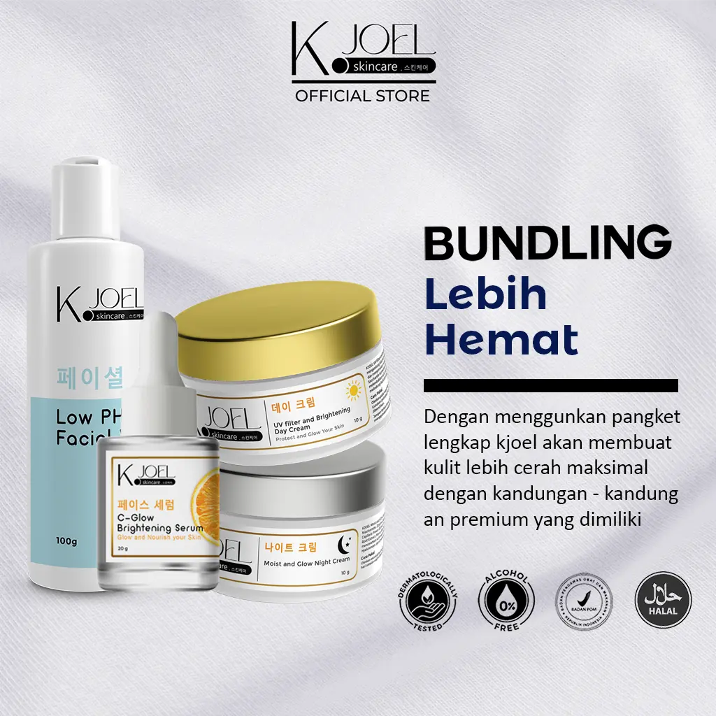 H. KJOEL - Paket Bundling Day Cream + Moist & Glow Night Cream + Serum Vit C + Facial Wash