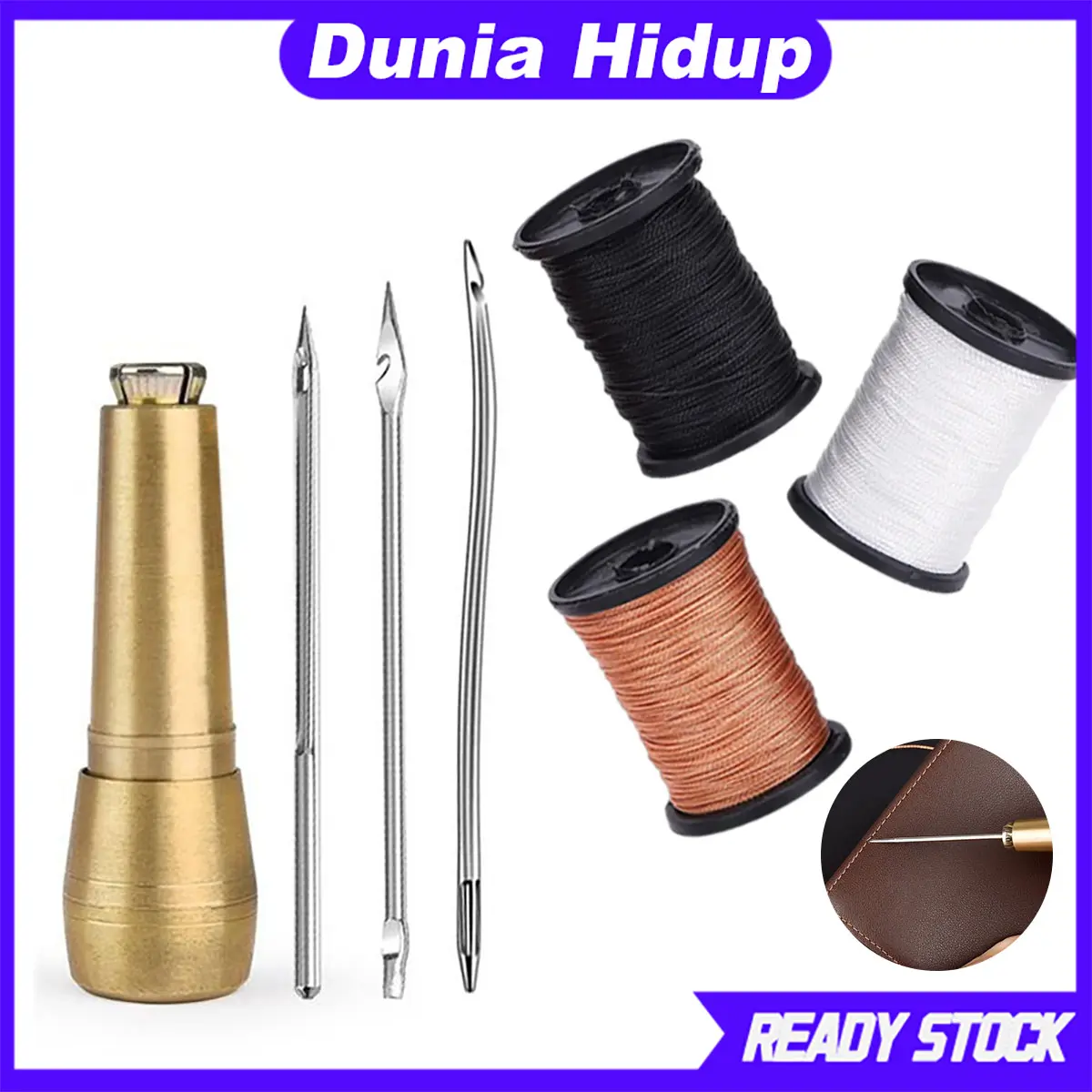 Leather Sewing Kit DIY Alat Jahit Kasut Leather Canvas Tent Shoes Repairing Tool With Copper Handle Set Jarum Kasut Leather Sewing Awl Needle