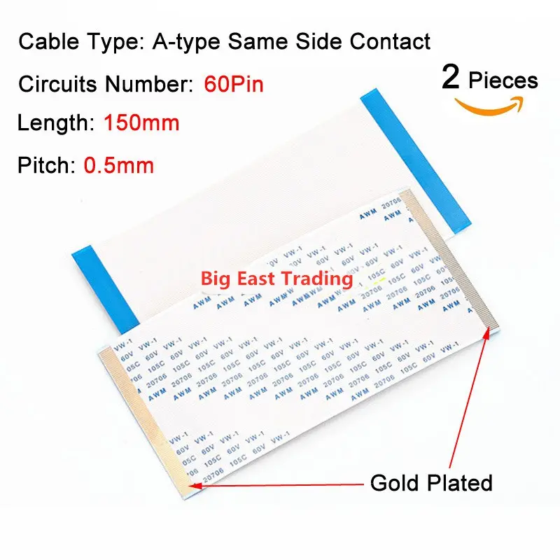 Cáp Dẹt Linh Hoạt FFC FPC, Cao Độ 0.5Mm, Chiều Dài 150Mm 15Cm, Loại A, Mạ Vàng 60P 60Pin AWM 20706 20861 105C 60V, 2 Cái, Cho Bảng Logic Tcon
