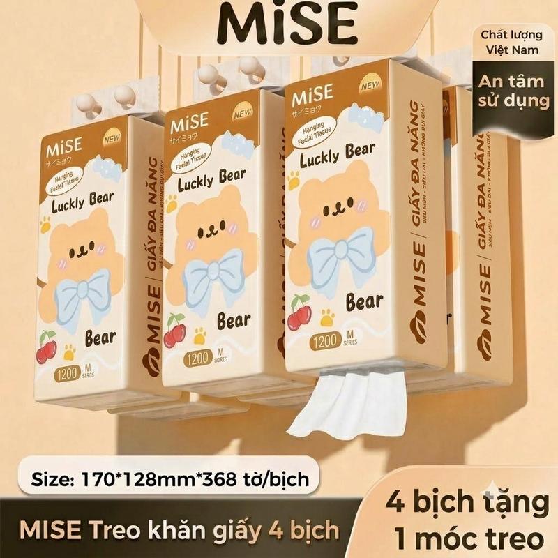 Mise Giấy treo tường, bao bì gấu xinh xắn, 368 tờ, khăn giấy rút đáy mềm mịn, không bụi giấy, mua 4 bịch tặng 1 móc treo, 130x170mm, làm từ bột gỗ tự nhiên an toàn, không bụi giấy, ĐẠT QUY CHUẨN BỘ CÔNG THƯƠNG