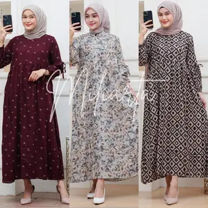 Dress Pita Lengan Balon Bahan Rayon Motif Gamis Muslim Wanita Panjang 130  cm Cantik Lembut Nyaman