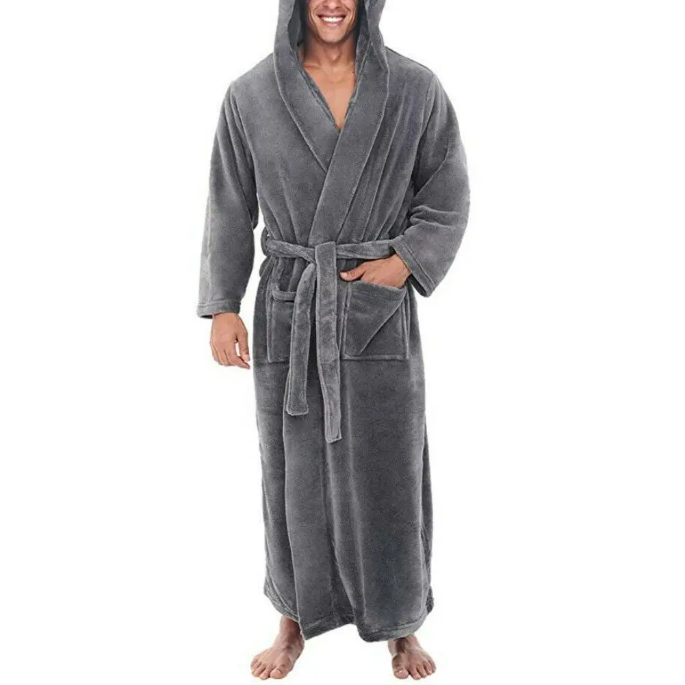 furgvhf- Men Soft Coral Fleece Solid Color Pockets Long Bath Robe Home Gown Sleepwear