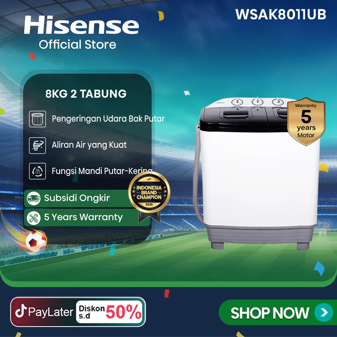HISENSE-WSAK8011UB-Mesin Cuci Kapasitas TWINTUB 8KG-MesinCuci Bukaan Atas-Pengeringan Udara Bak Putar-Aliran Air yang Kuat-Fungsi Mandi PutarKering-Magic Filter-User Friendly-2 Tabung-Washing Machine