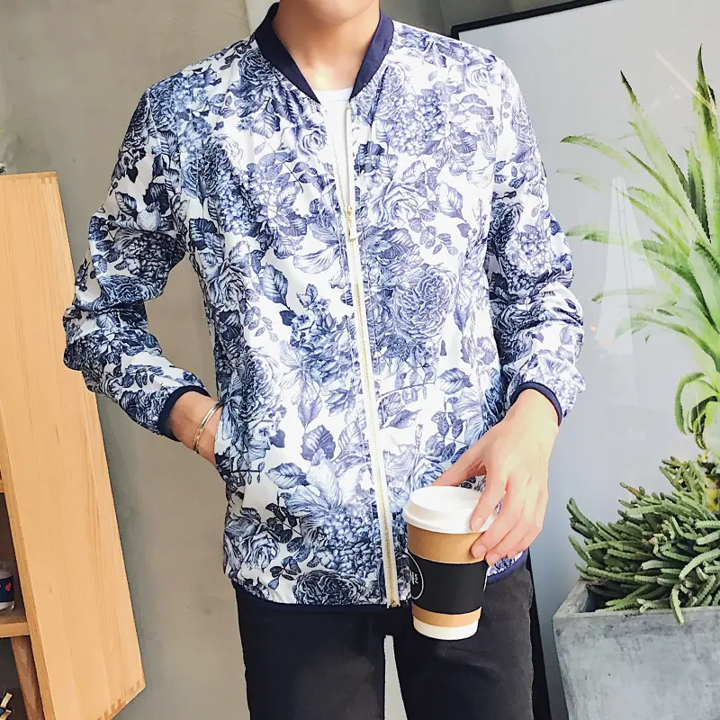 Summer men's casual solid color thin sunscreen clothing youth translucent stand-up collar top large size trend jacket men Menswear Coats Human Clothe Floral Longsleeve