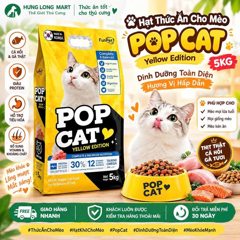 Hạt Thức Ăn Cho Mèo Pop Cat Yellow Edition 5kg Nội Địa Hàn Quốc, Dinh Dưỡng Toàn Diện, Hương Vị Hấp Dẫn, Phù Hợp Cho Mèo Cưng Sử Dụng Hằng Ngày