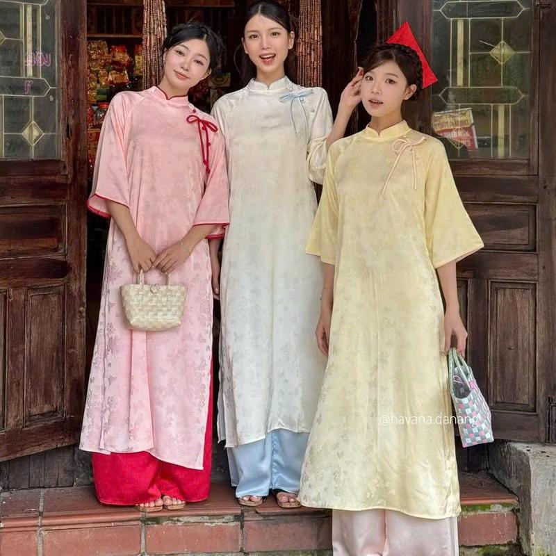  HAVANA  CÓ BIGSIZE - Áo dài lụa THỦY NHU in họa tiết bướm xuân phối cúc bọc buộc nơ kèm quần Satin AD207 