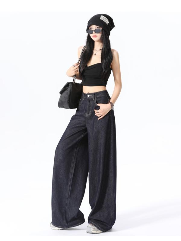 Quần jean dài ống rộng xanh than Hip Hốp cạp cao phong cách unisex 7