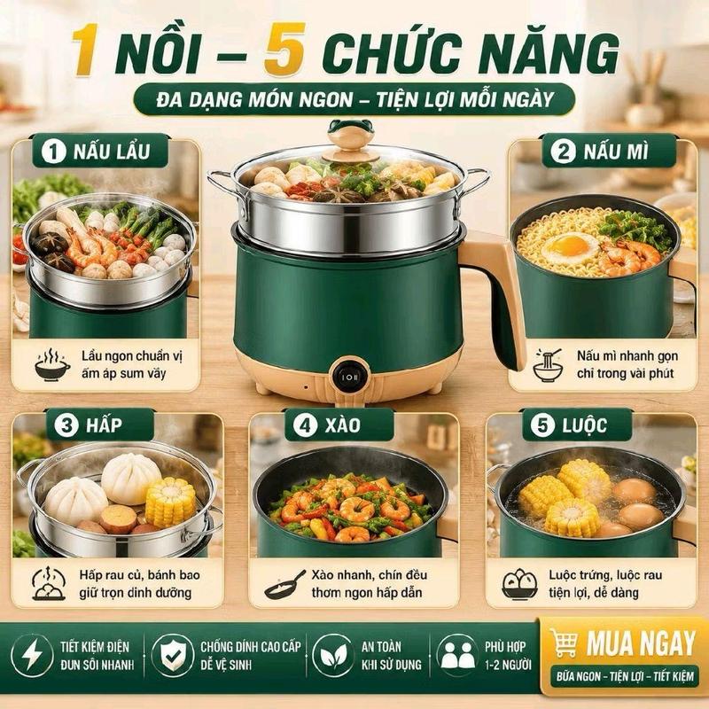 Nồi Lẩu Điện Đa Năng Mini Có Xửng Hấp, Nồi Điện 2 Tầng Nấu Lẩu Nấu Mì Hấp Xào Luộc Tiện Lợi