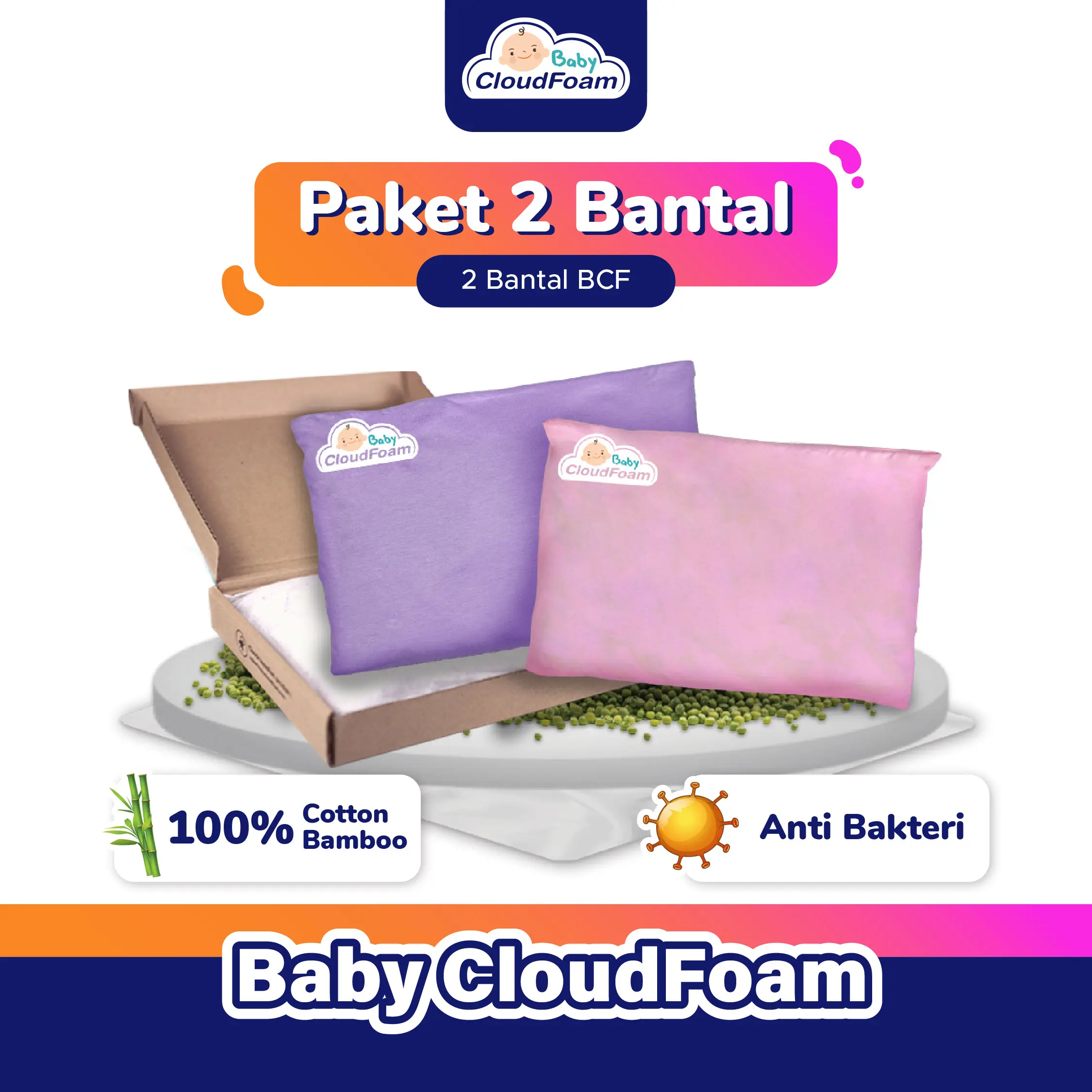 Baby Cloudfoam Paket Hemat 2 Bantal Bayi Anti Peyang Cotton Bamboo Waterproof