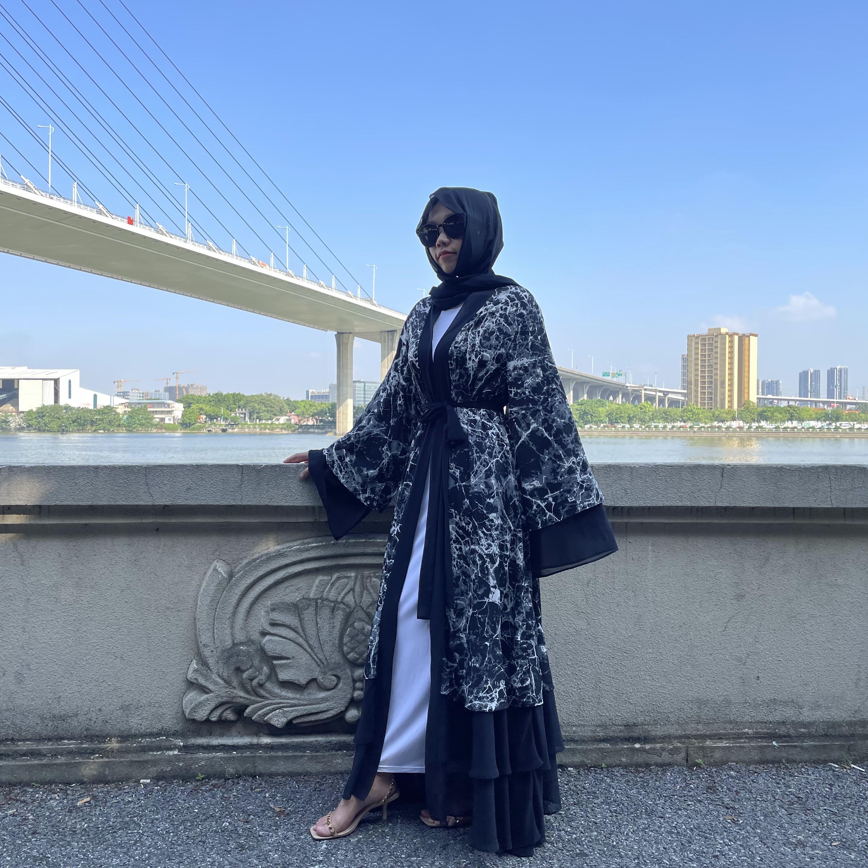 1884# Latest Designs Printed Chiffon Abaya With Ruffles Muslim Dress Dubai Size Summer Spring Islamic Clothing For Women - CHAOMENG MUSLIM SHOP