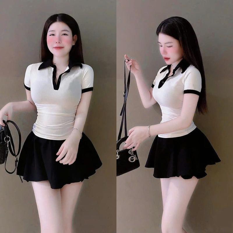 New Sét Áo + Chân váy áo thun cộc tay cổ sơmi trẻ trung ôm dáng Mix Chân Váy tôn dáng xòe Hot Hit Đi chơi - TOP WOMEN + Dành Cho Nữ "lisa dress"
